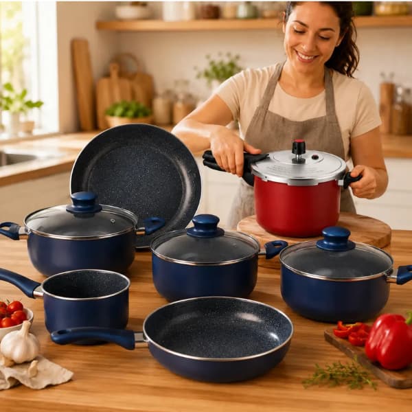 Kit Jogo de Panelas Cerâmica 6 Peças com Tampas de Vidro + Panela de Pressão 4,5L Antiaderente Cozinha Completa