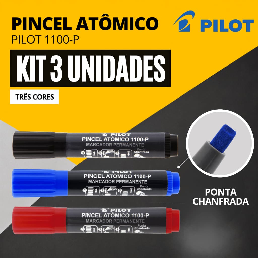 Kit 3 Pincel Atômico Canetão Pilot 1100p Permanente Marcador