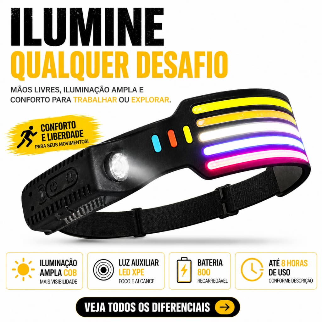 Lanterna de Cabeça LED COB + XPE Recarregável USB Tipo C Altomex Super Brilho 800mAh para Camping Pesca