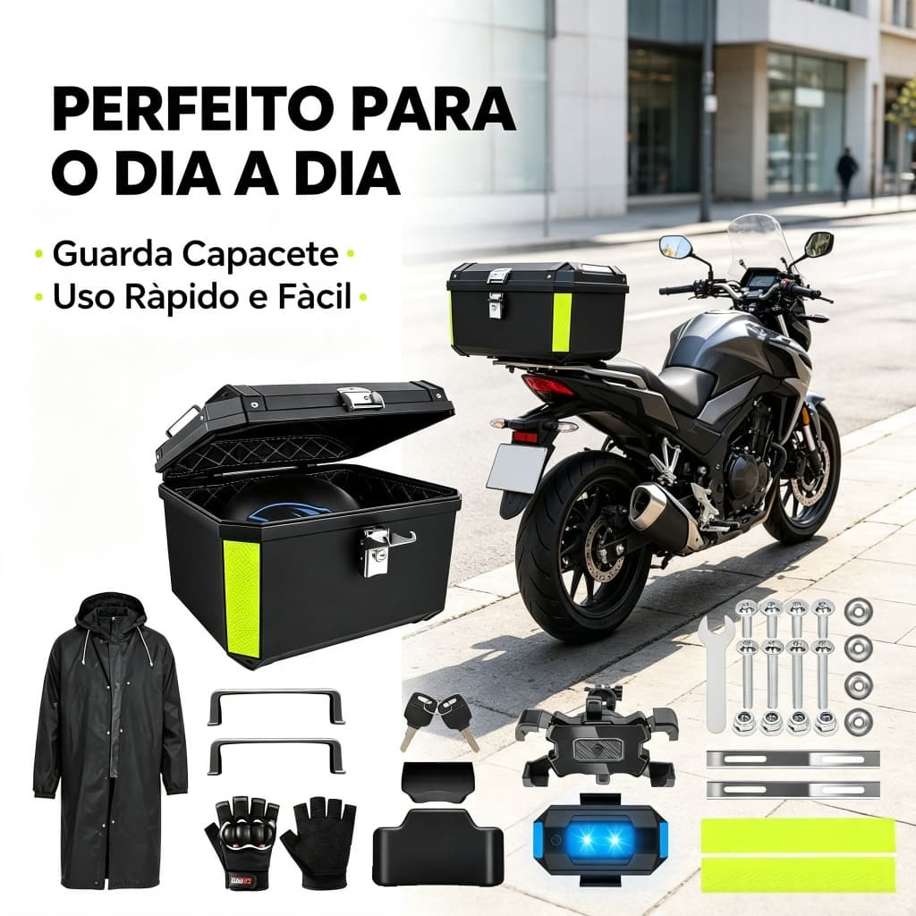 Baú Plástico Reforçado 45 litros Preto com Forro/Alça e Base 45L Alumínio Bauleto Universal Trava de Segurança Aluminio