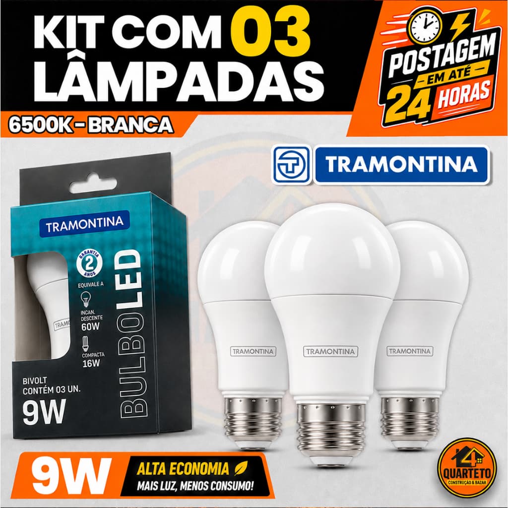Kit 3 Lampada Tramontina LED Bulbo 9W E27 Economica Fria Bivolt