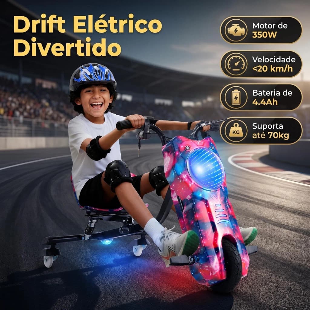Triciclo Infantil Elétrico Drift 350W LED Bluetooth 3 Velocidades Kart Criança Kit Proteção HONEYWHALE