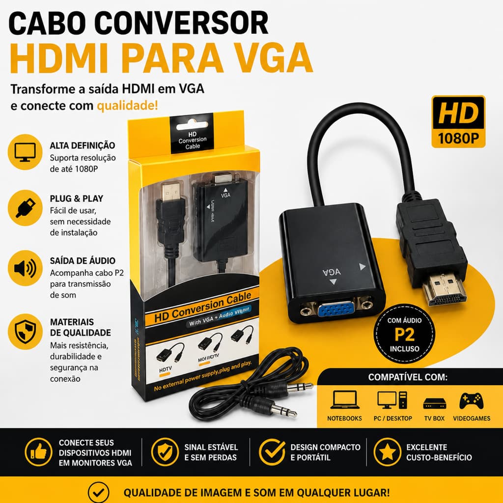 Adaptador Conversor HDMI para VGA com Saída Áudio P2 Full HD 1080p para Monitor Projetor PC Notebook Console