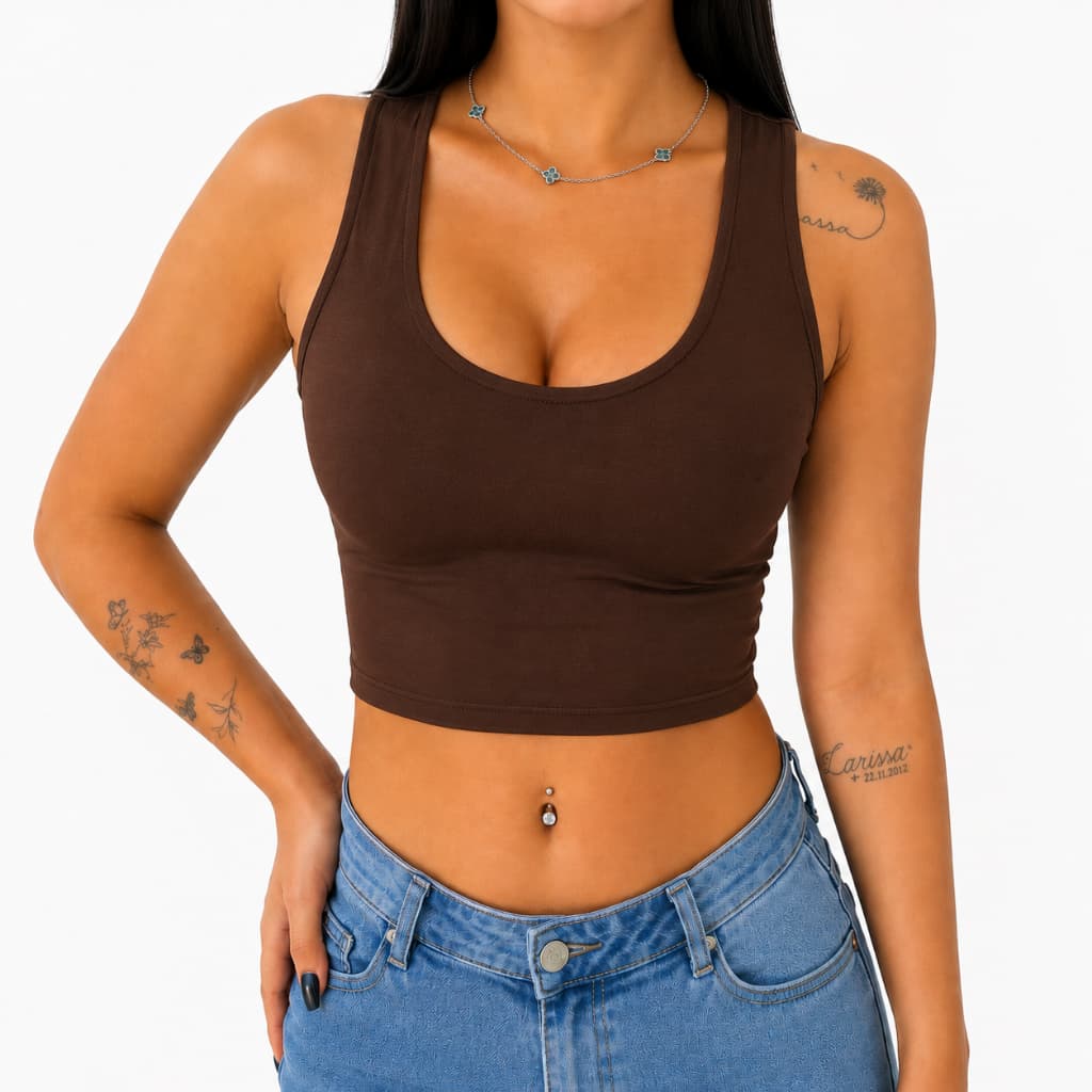 Top Cropped Feminino Regata Alça Larga em Poliamida Premium com Tecido Duplo e Sem Bojo
