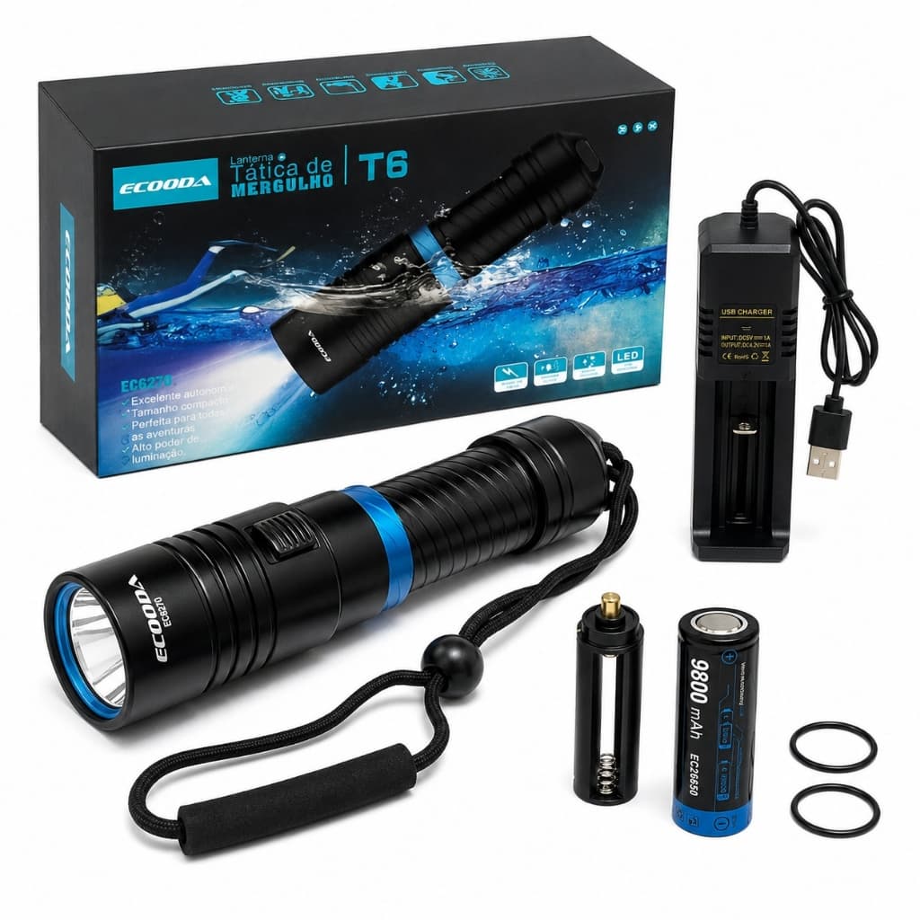 Lanterna de Mergulho ECOODA EC6270 LED T6 Recarregável com Bateria 26650 e Carregador USB