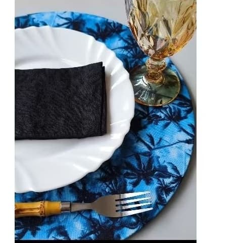 Kit Mesa Posta 6 Lugares Jogo Americano Redondo Azul + Guardanapos de Tecido | A Mesa com Letícia