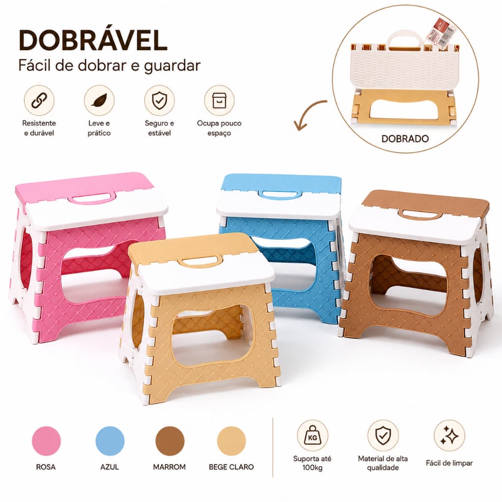 Banqueta Infantil Dobrável Menino Menina Banquinho Portátil Plástico Confortável Resistente Colorido
