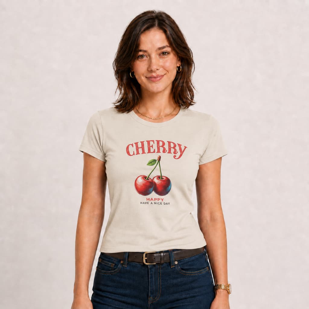 Camiseta T-shirt Feminina Estampada Cherry Happy Have Nice a Day, 100% Algodão.
