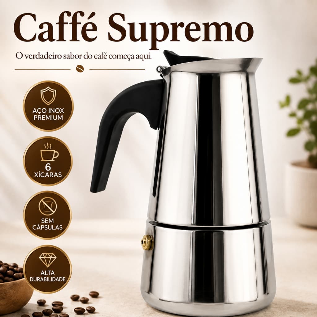 Cafeteira Italiana Aço Inox 6 Xícaras Moka Café Expresso Caffé Supremo Premium