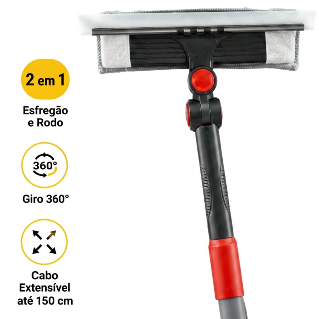 Limpa Vidros Multiuso 2 em 1 Rodo Esfregao com Microfibra Cabo Extensível 150cm Ajustável 360° Para Janela Box Espelho
