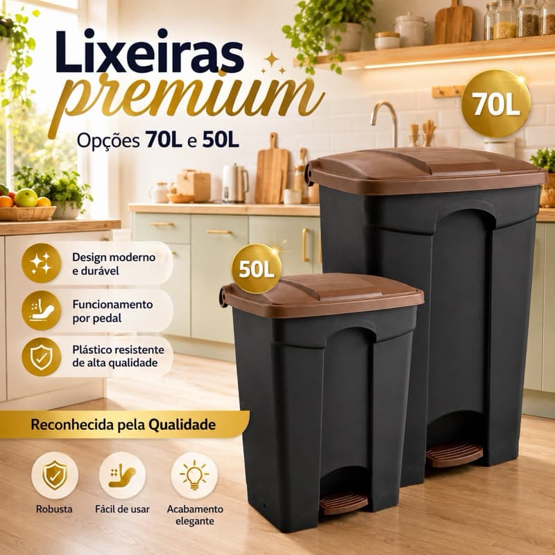 Lixeira Grande Com Pedal 50L e 70L Plastico Reforçado Cozinha Banheiro Escritório