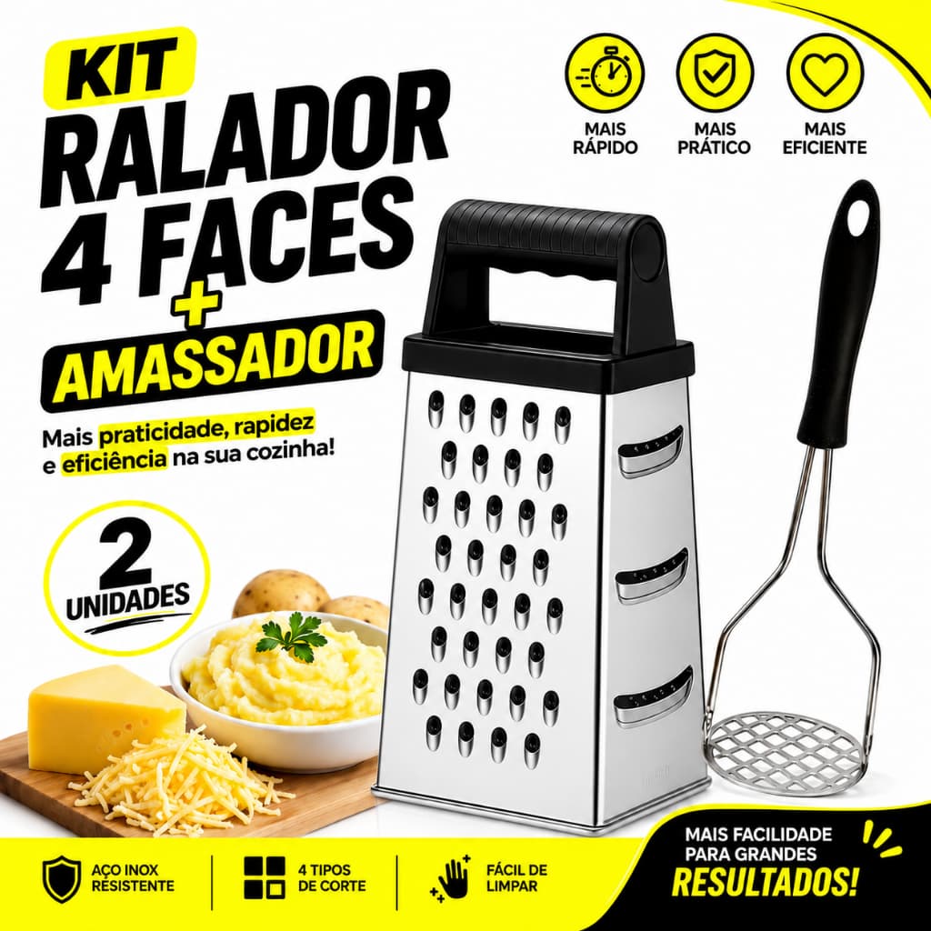 Kit Ralador 4 Faces Aço Inox + Amassador de Batata Manual Ralador Queijo Legumes Utensílios Cozinha