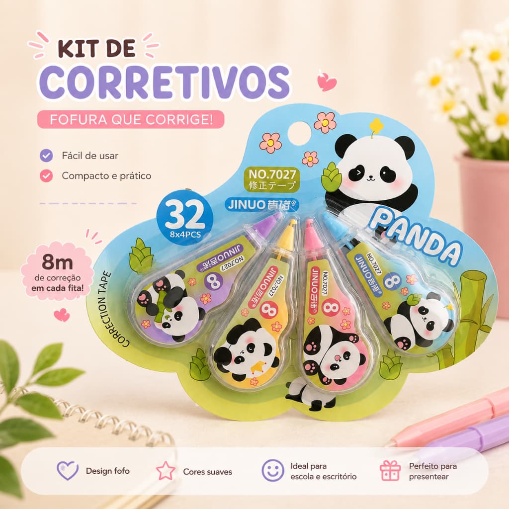 Kit 4 Fitas Corretivas Panda Kawaii | 8m Cada | Material Escolar