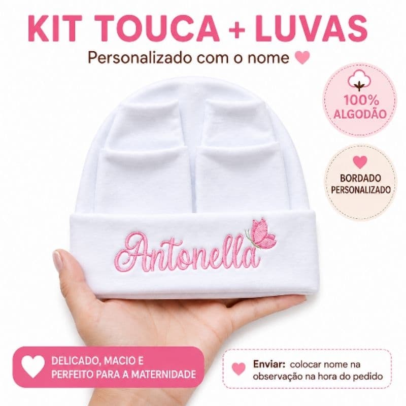 kit Touca Personalizado + par de luvas maternidade Macia Recém-Nascido Malha100% algodão Suedine gestante pré Natal