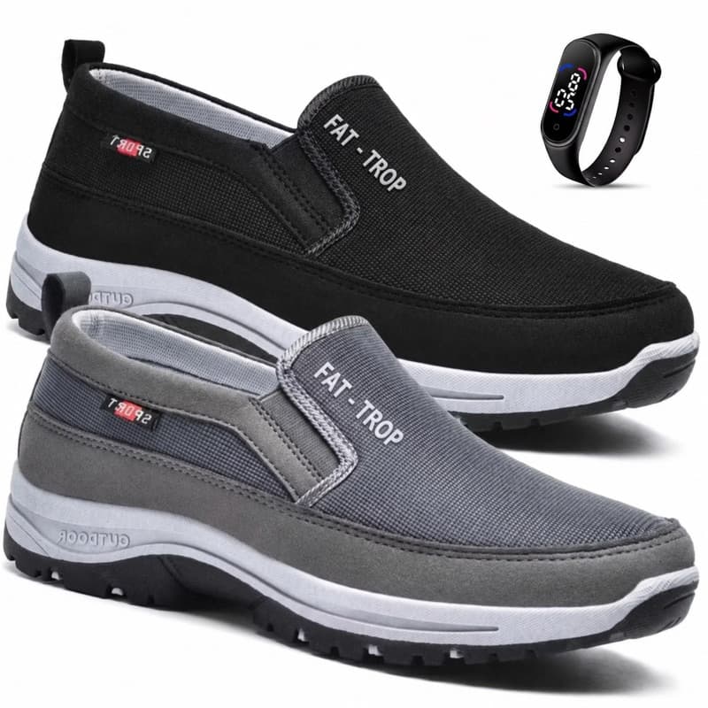 Kit 2 Pares de Tênis Sapatilha Masculino Mocassim Adventure Costurado e Resistente Leve + Relógio
