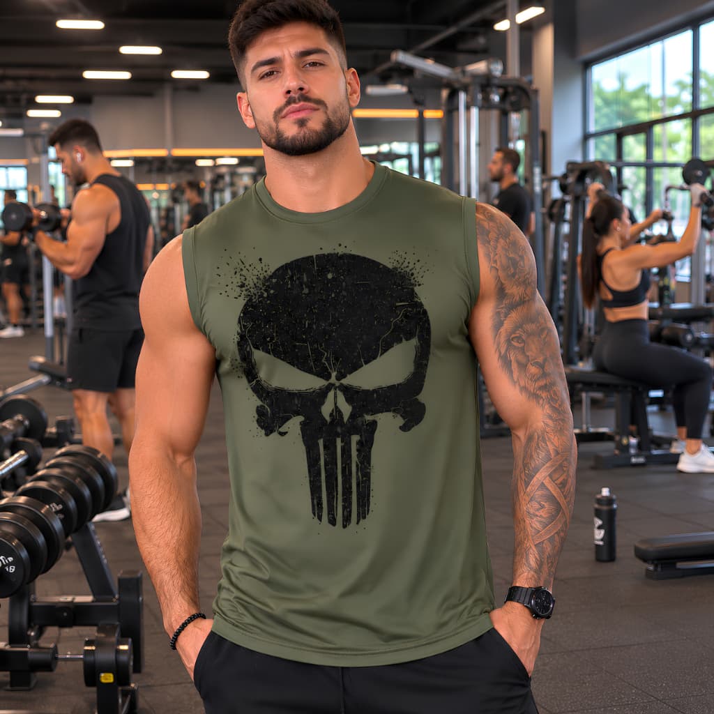 Regata Masculina com Estampa Caveira> Academia>Treino> caminhada, corrida> camiseta machão> treino ao ar livre>Musculção
