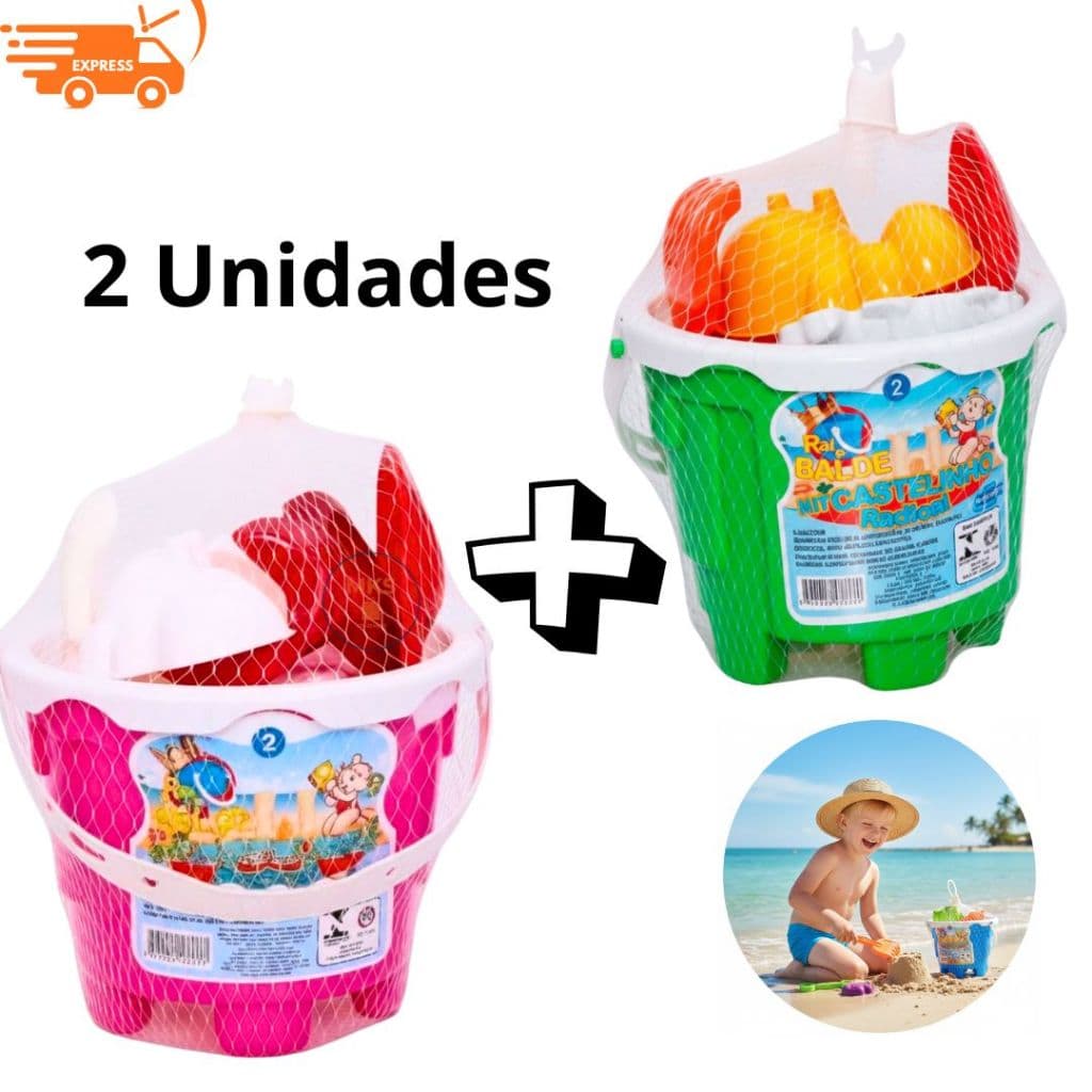 Kit 2 Baldinho De Areia Praia Com Forminhas Pá e Acessórios Brinquedos Educativo Completo Para Seu Filho