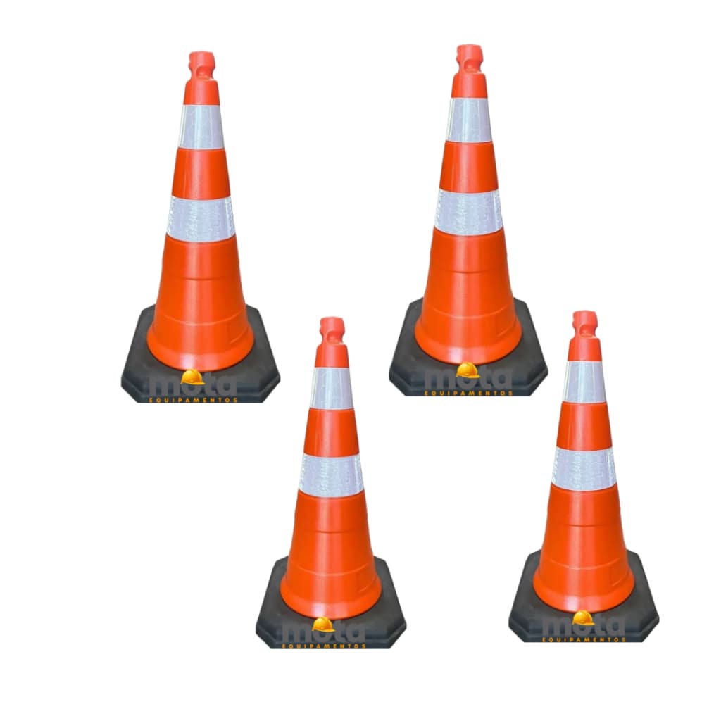 Kit 4 Cone De Sinalização 75cm Laranja Base Preta Com Refletivo Trânsito Estacionamento