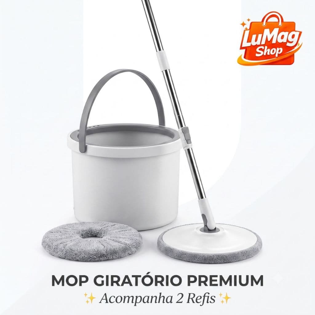 Mop Giratório 360° com Balde 13L 2 Refis Microfibra Sistema Água Limpa Cabo Inox Limpeza de Pisos