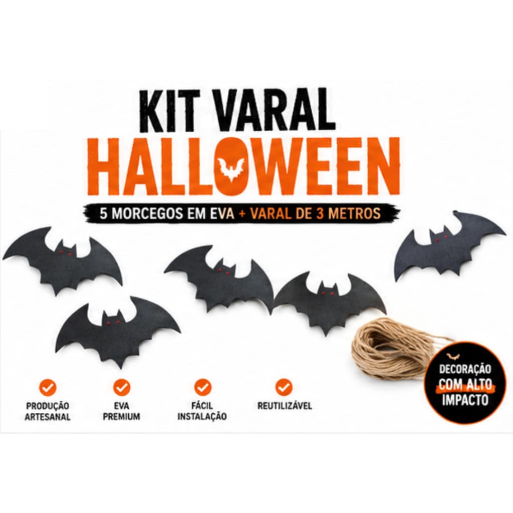 Kit Varal Halloween 5 Morcegos Em EVA Varal 3 Metros Decoração Festa Enfeite Parede Casa Escola Loja