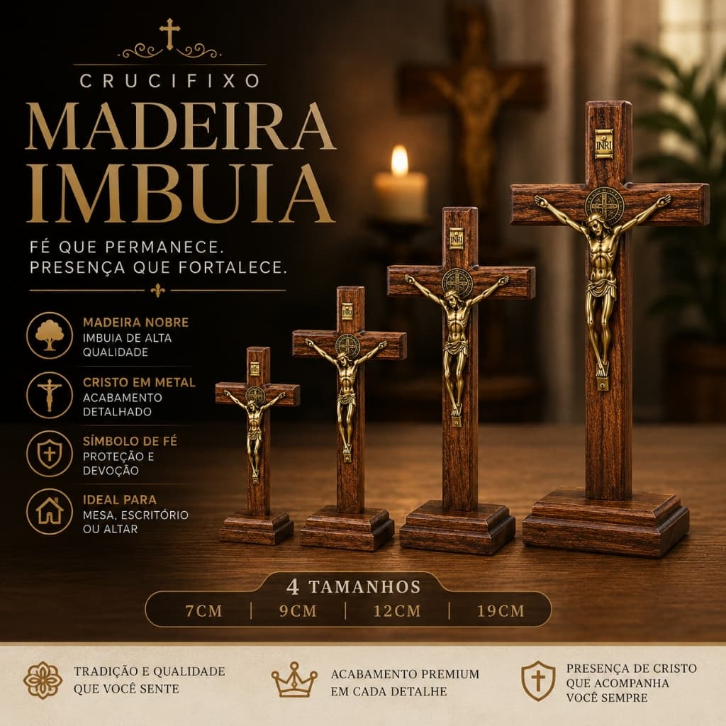 CRUZ CRUCIFIXO SÃO BENTO 7CM 9CM 12CM OU 19CM MADEIRA MESA E PAREDE CRISTO MEDALHA PROTEÇÃO ALTAR DECORAÇÃO