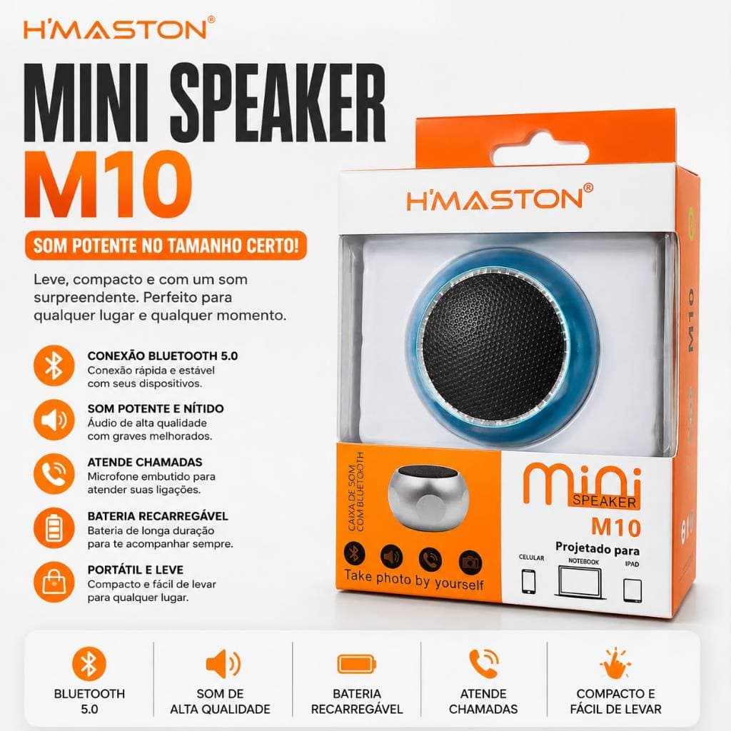Mini caixa de som, caixa de som Bluetooth, H'Maston M10, caixa de som portátil, caixa de som sem fio, mini speaker, Blue