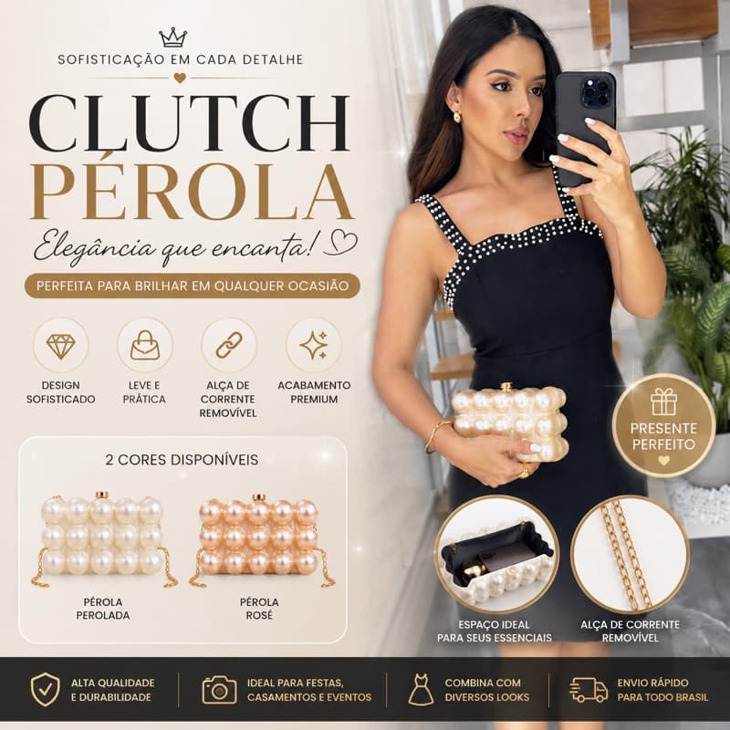 Bolsa Clutch Feminina Pérola Luxo para Festa | Bolsa de Mão Elegante com Corrente| Casamento, Formatura e Eventos CK-25