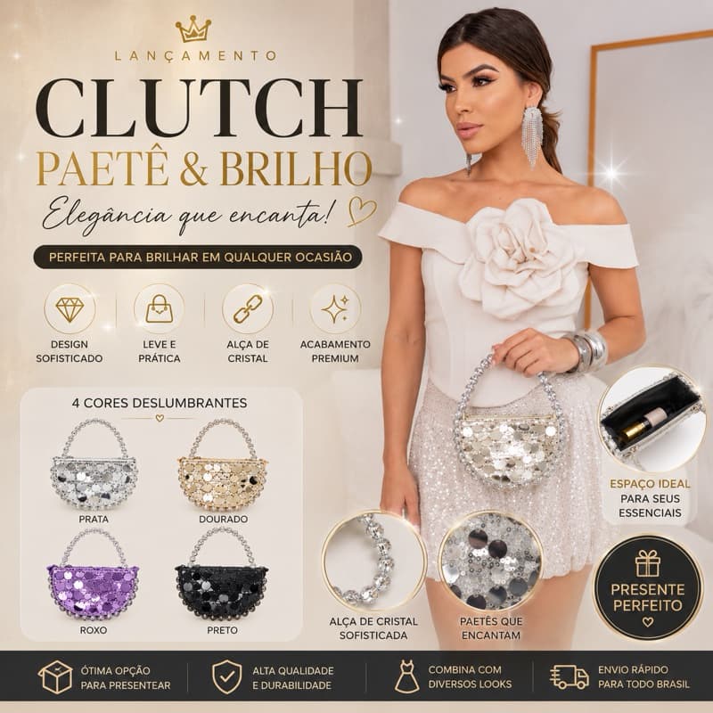Bolsa Clutch Feminina de Paetê com Alça de Cristal | Bolsa de Festa Elegante para Casamento, Formatura e Eventos R0090