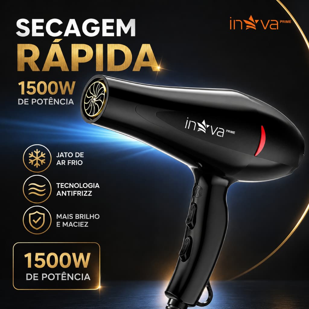 Secador de Cabelo Inova 1500W Profissional 127V Preto | 2 Velocidades | 3 Temperaturas
