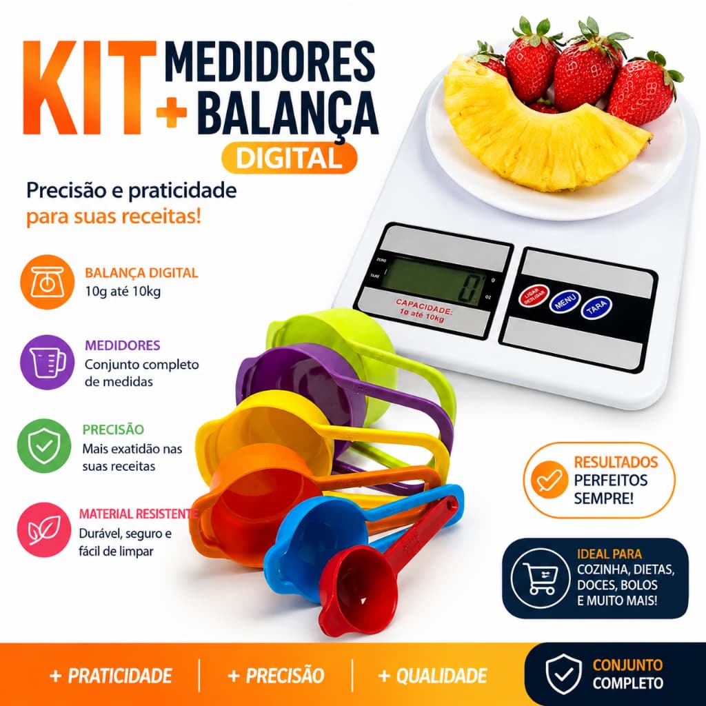 Kit Balança Digital de Cozinha 10kg + Jogo de Medidores 6 Peças | Precisão para Receitas, Dietas e Confeitaria