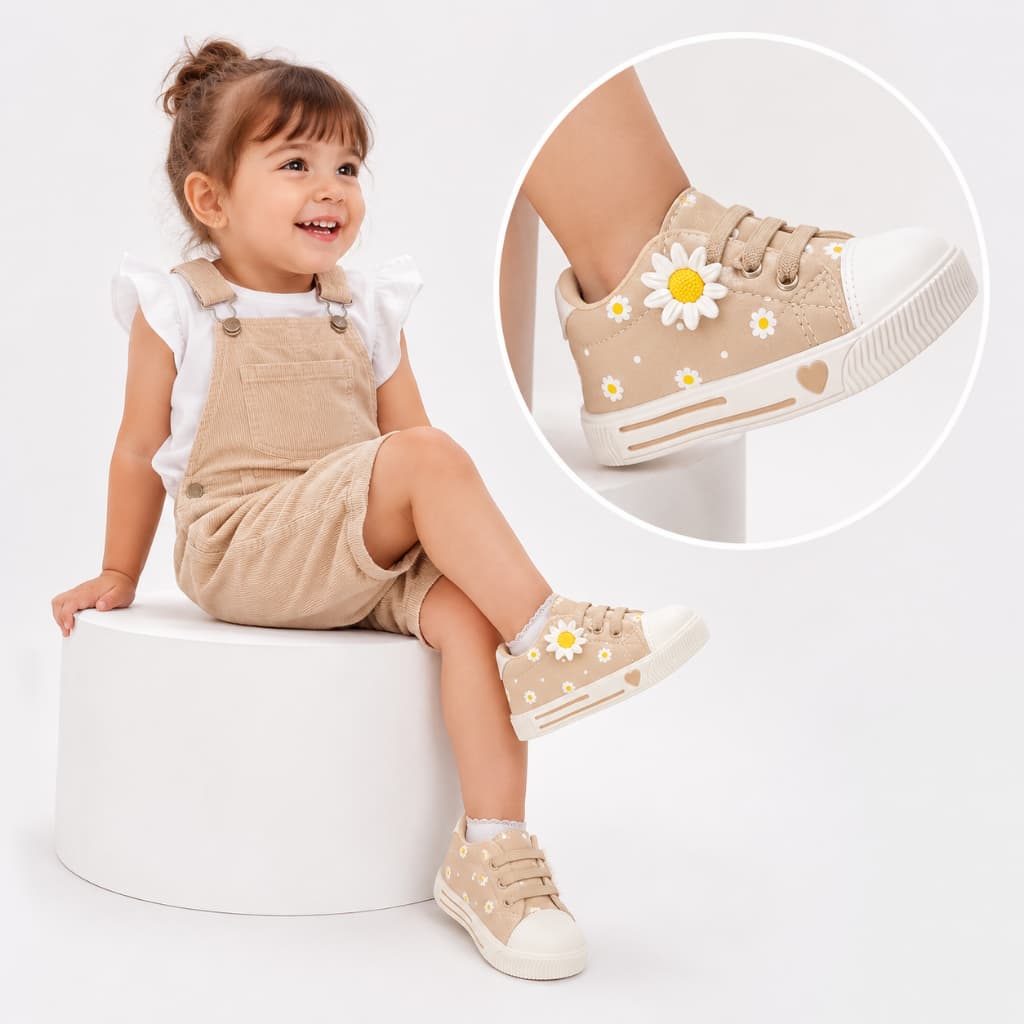 Tênis Bebê Infantil Menina Bege Margaridas Casual Antiderrapante Confortável Primeiros Passos