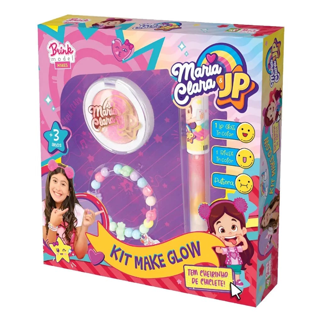 Kit Make Glow Maria Clara e JP Lip Gloss Blush Pulseira Maquiagem Infantil Hipoalergênica Brink Model