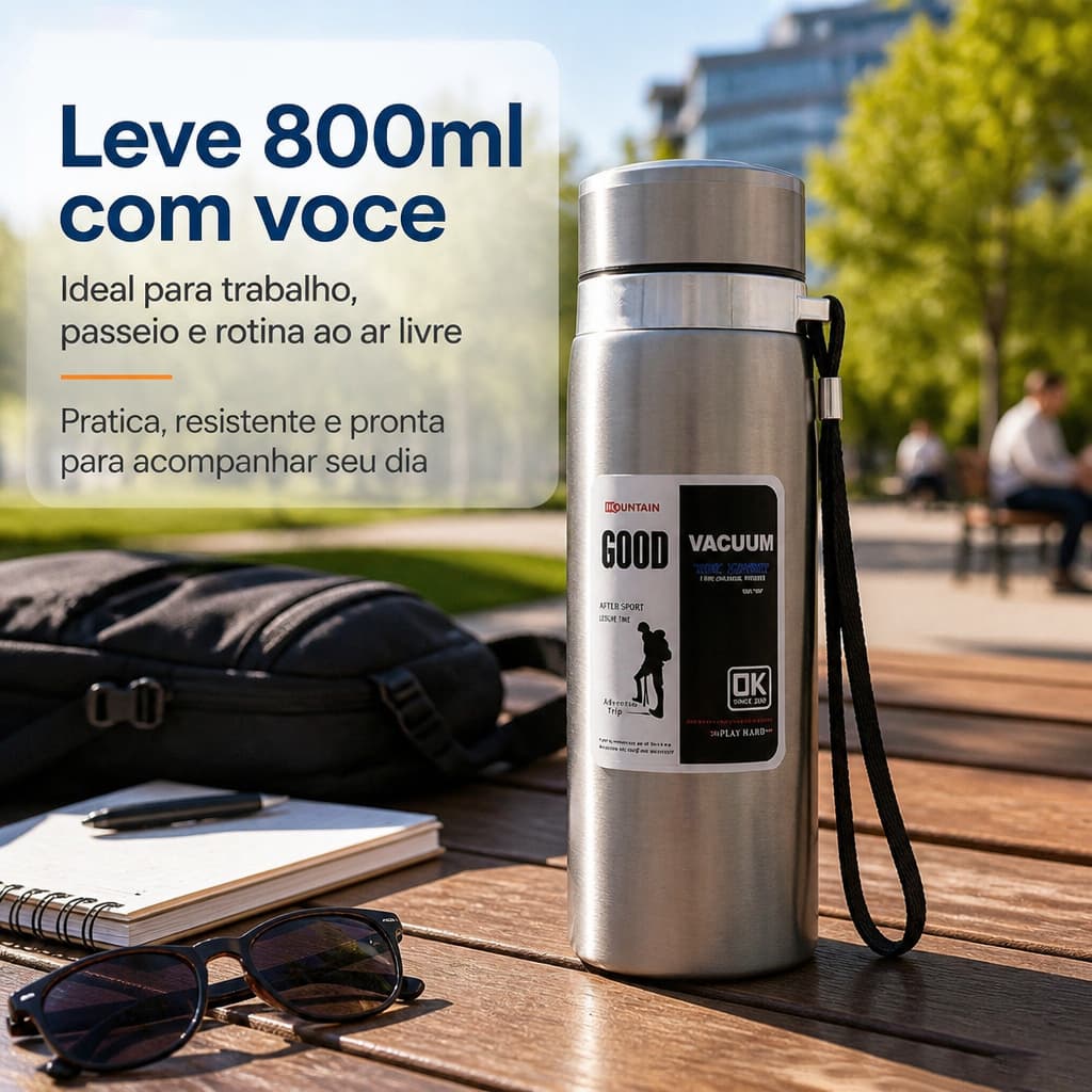Garrafa Térmica a Vácuo 800/1000ml em Aço Inoxidável, Parede Dupla, com Infusor e Alça
