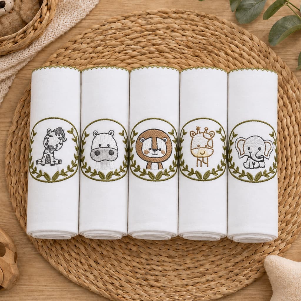 Kit 5 Fraldas Bordadas Luxo para Bebê Menino e Menina 100% Algodão 70x70cm