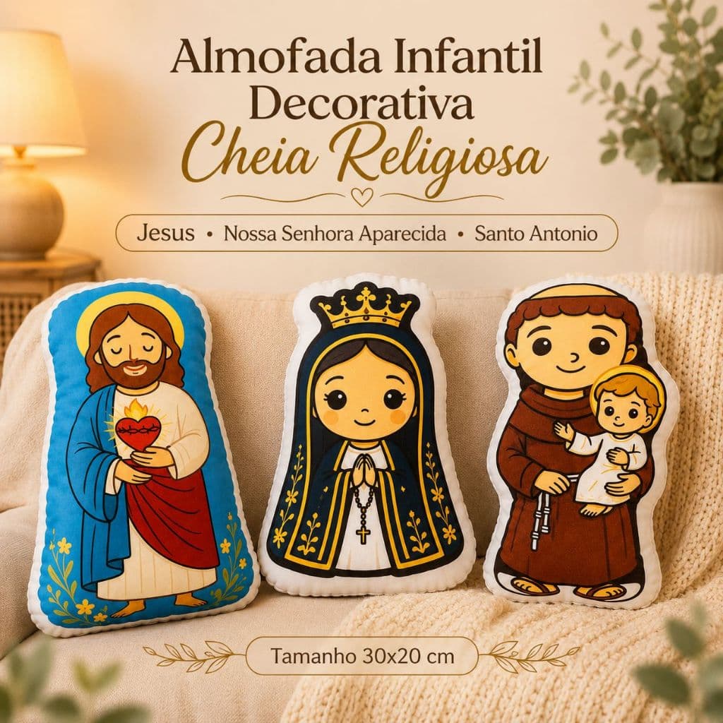 Almofada Infantil Decorativa 30cm Naninha Religiosa Jesus Nossa Senhora Aparecida Santo Antonio
