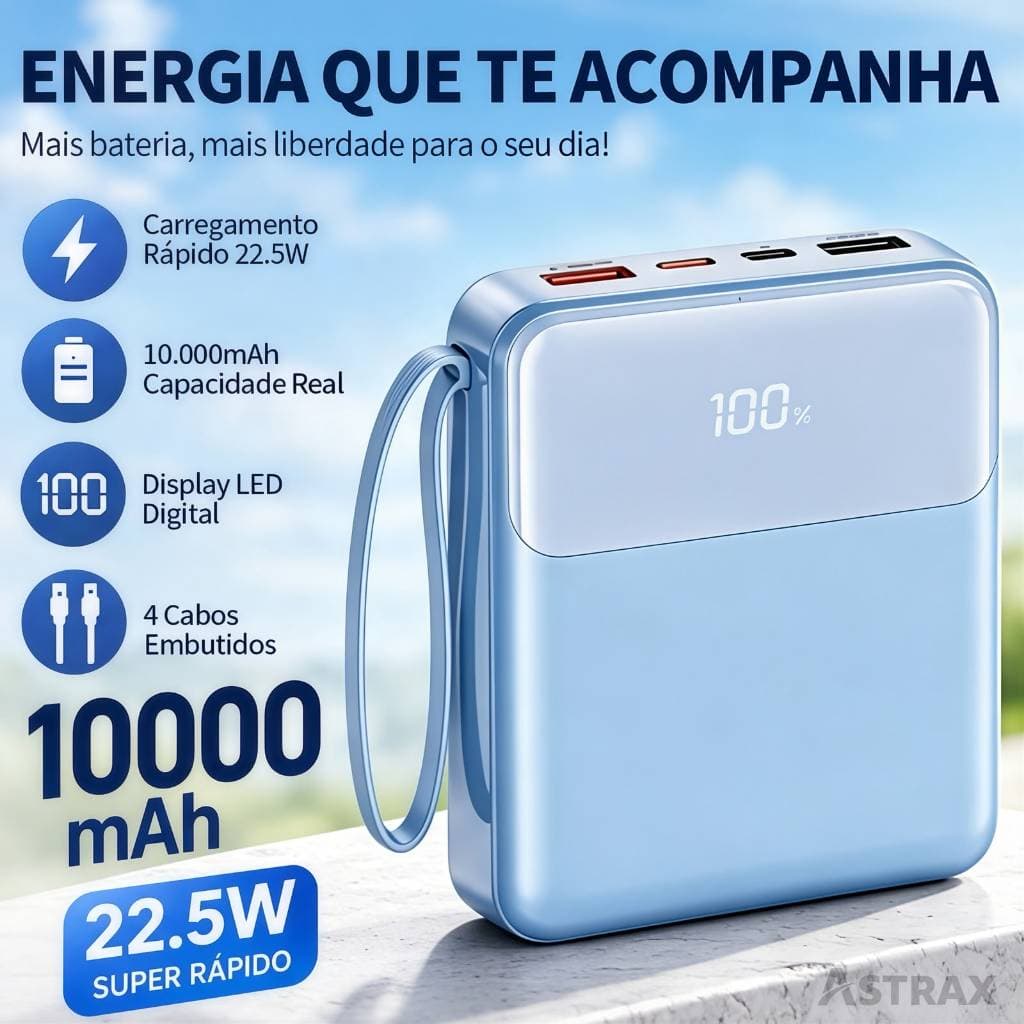 Power Bank 10000mAh 22.5W Carregamento Rápido PD QC Display Digital 4 Cabos Integrados Universal