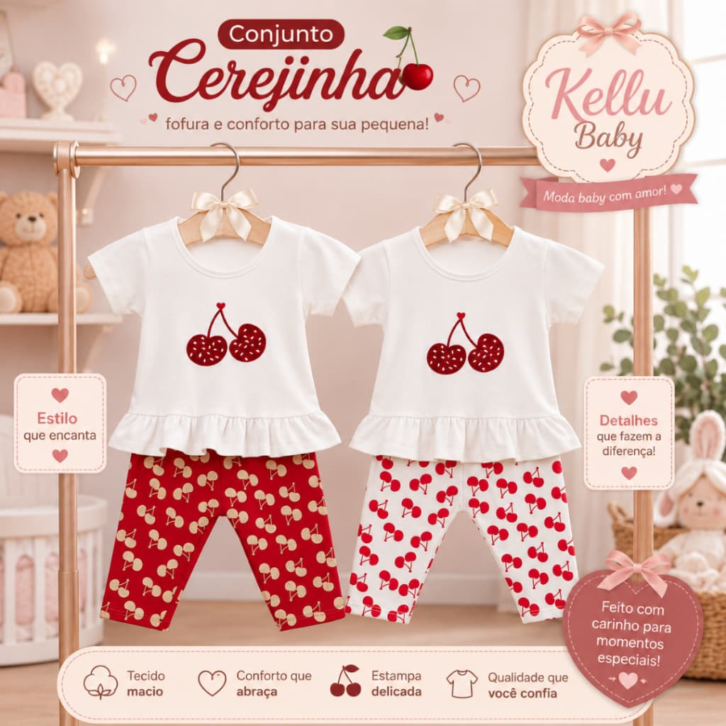 Conjunto Bebê Menina Cerejinha Algodão Blusa Babado + Calça Legging 6 a 9 Meses 2 peças