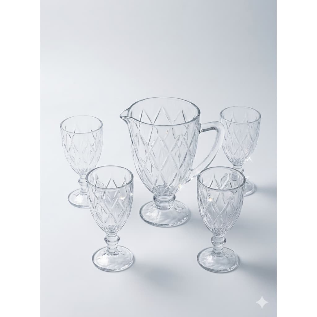 Jogo De Suco Vidro Diamond 5 Pçs Jarra 1,2L E 4 Taças 240ml Mesa Posta