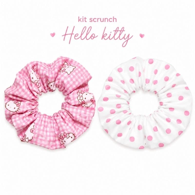 Kit Scrunch Hello Kitty com 2 Elásticos de Cabelo Infantil | Tecido Importado | Elástico Macio | Estampas Fofas