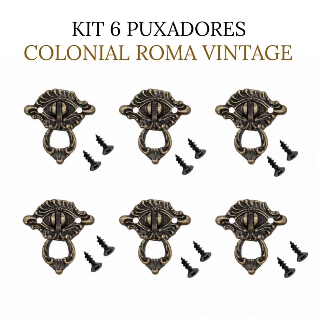 Kit 6 Puxadores Colonial Roma Vintage Ouro Velho Metal para Gaveta Armário Cômoda