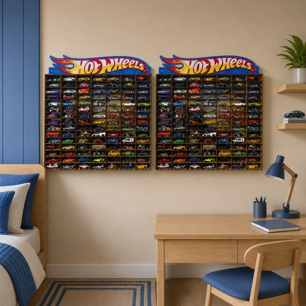 Kit 2 Dois Estante Expositor Porta Carrinhos Hotwheels Miniatura Prateleira Adesivada Coleção 105 Lugares Nichos Mdf