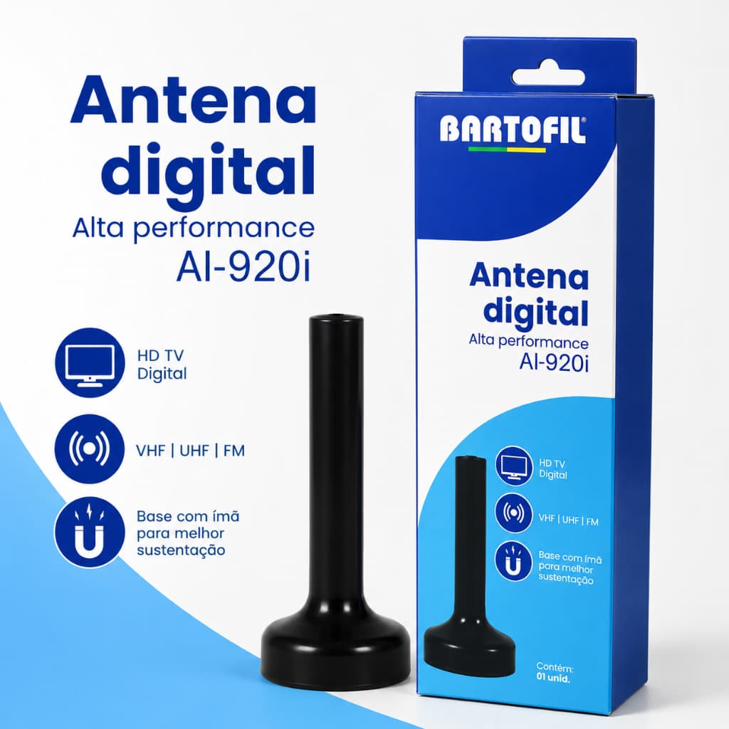 Antena Digital Interna Bartofil AI-920i HDTV VHF UHF FM Base Magnética Compatível com TV Digital