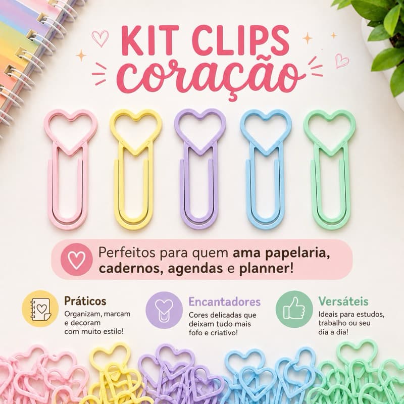 Kit Clips Coração Coloridos Organizador de Papéis para Caderno Agenda Planner