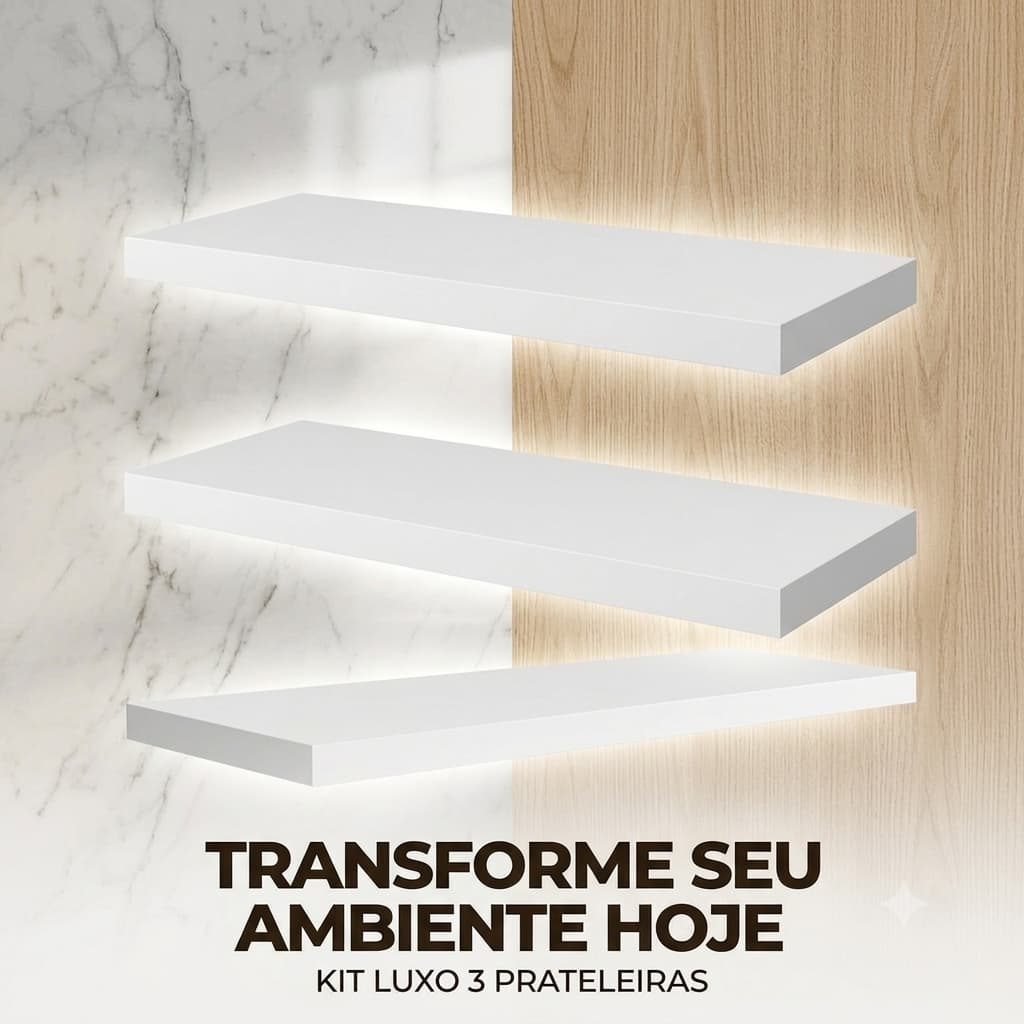 Kit 3 Prateleiras  MDF 30x10cm Nichos Decorativos Sala Quarto Banheiro Cozinha Kit Instalação