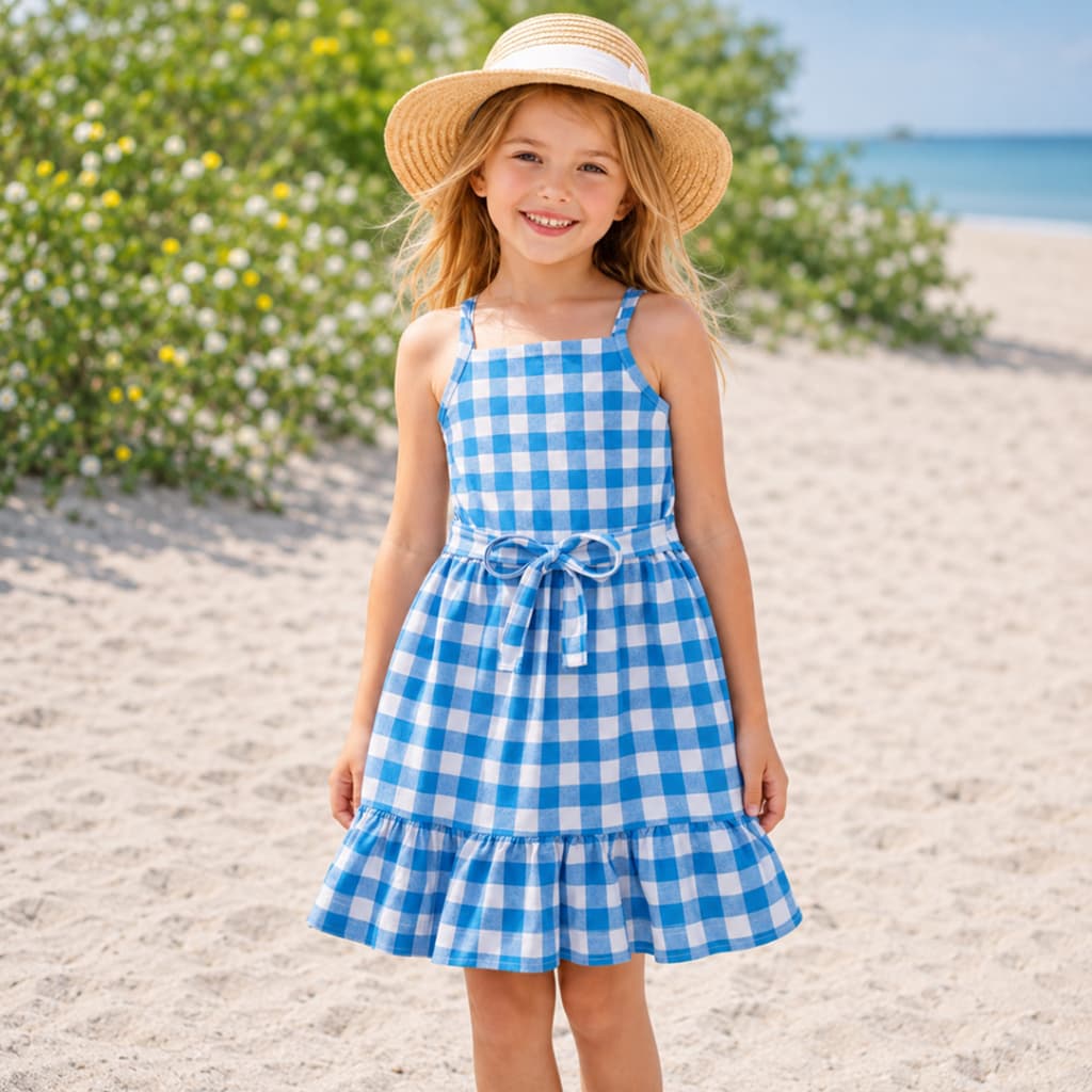 Vestido Infantil Verão com Alça Estampa Xadrez Babado na Barra e Faixa para Amarração na Cintura