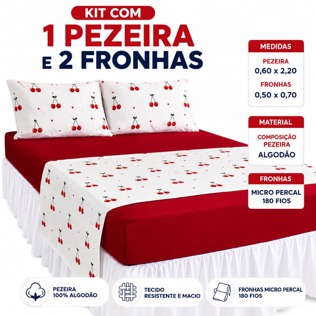 Kit Peseira 60 x 2,20 para Cama + 2 Capas de Fronha 50x70cm Micropercal 180 Fios Casal e Queen Decoração Elegante Quarto