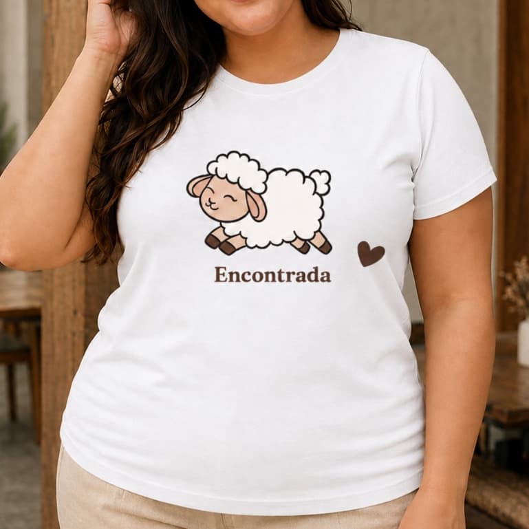 Camiseta Plus Size Encontrada Ovelhinha Cristã Regular 100% Algodão Confortável