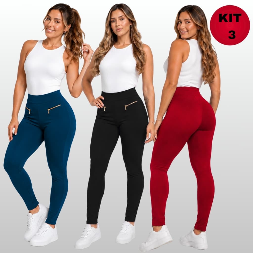 Kit 3  Calça Legging Feminina Montaria Cós Alto Premium
