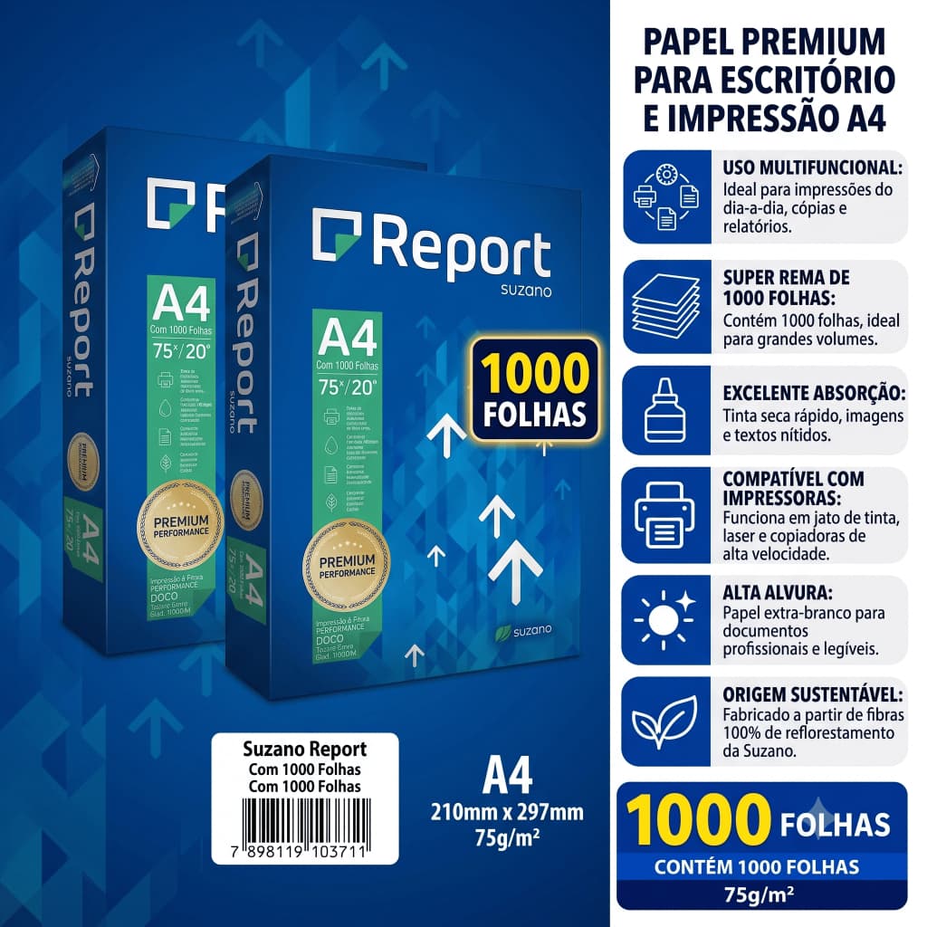 Papel Sulfite A4 Report Branco 75g 1000 Folhas Alta Qualidade para Impressoras e Copiadoras