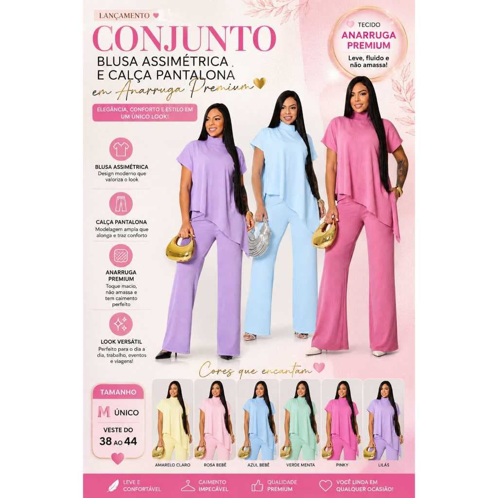Conjunto Elegante Feminino Com Blusa assimétrica e Calça Pantalona Em Anarruga Premium